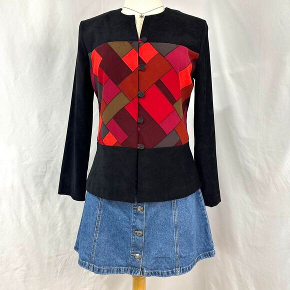 VTG 90s PRIDE & JOY Black Red Patchwork Faux Suede‎ Button Jacket Womens 10P - Picture 1 of 7